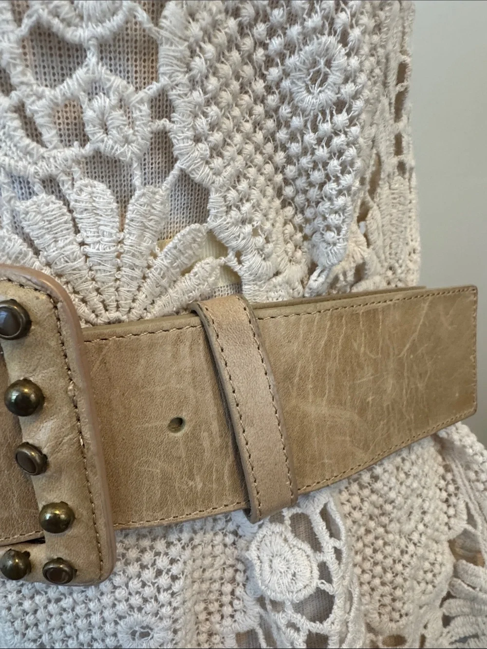 Wide Tan Studded Buckle Waist Belt